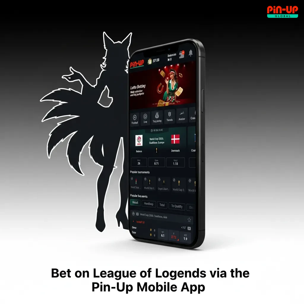Smartphone displaying Pin-Up mobile app with League of Legends live odds and bet slip for esports betting.