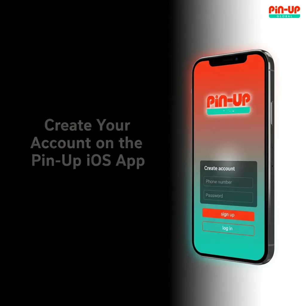 Pin-Up iOS app signup screen showing steps: Sign Up, email/phone, password, NGN, promo code, SMS/email verify, 18+, KYC.