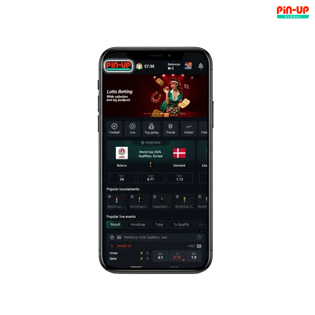 Pin-Up app install in Nigeria on phone: sports betting, casino, multi-language, pay with cards, bank, OPAY, PalmPay, crypto.
