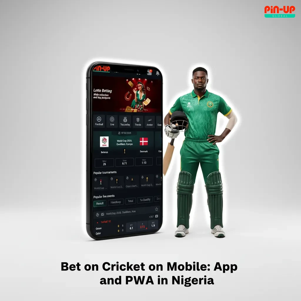 Phones showing Pin‑Up Android app and iOS web app for cricket betting in Nigeria with pre‑match and live markets.