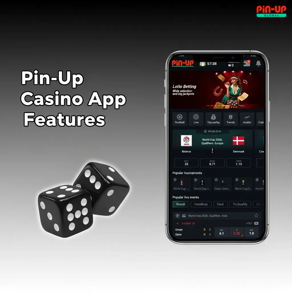 Pin-Up Casino app home hub with sports and casino tabs, slots and tables, live dealer, and a promotions tab for bonuses