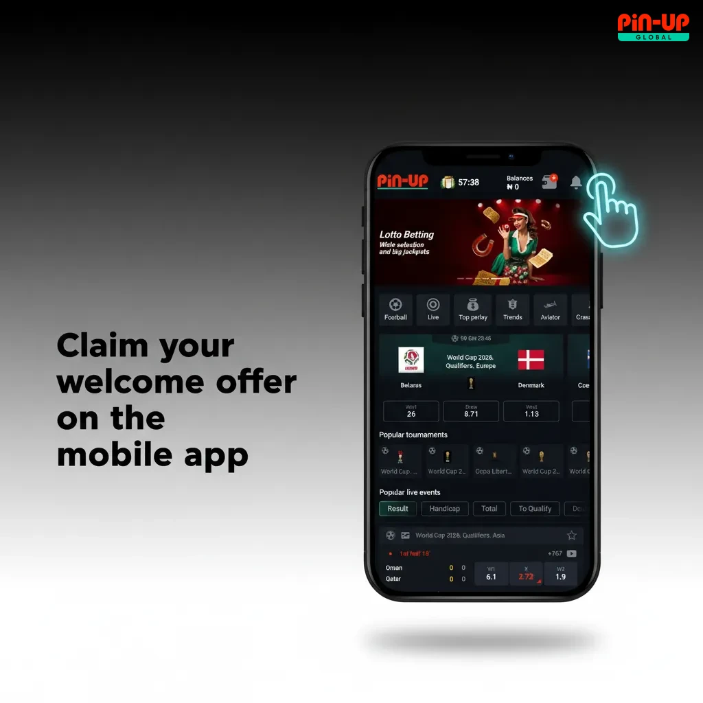 Phone showing Pin-Up app steps to claim welcome bonus: install, sign in/register, opt in, deposit ₦1,000, get bonus & spins.