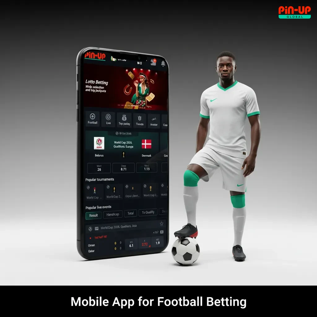 Smartphone screen with football betting app: live odds, bet slip, secure Naira payments, Android and iOS icons.