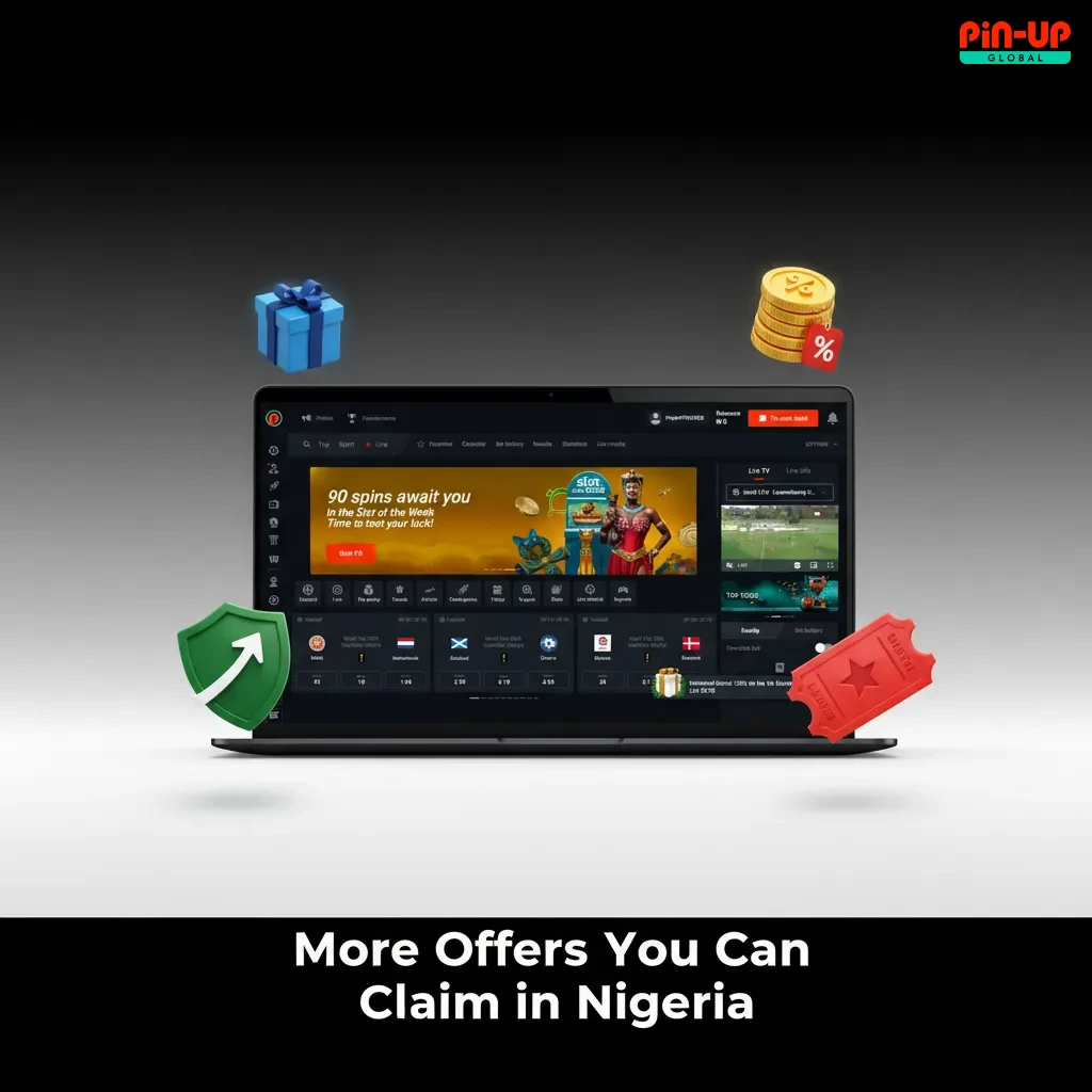 Graphic highlighting Nigerian betting offers: reload bonus, weekly cashback, free spins, birthday gift, acca boost.