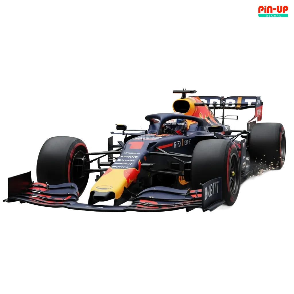 Formula 1 betting with Pin-Up: live odds and markets in Nigeria shown on a smartphone beside a racing car.
