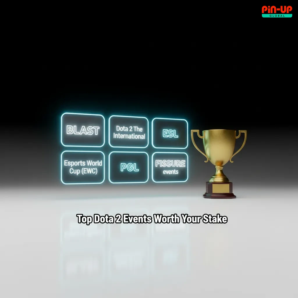 Graphic of top Dota 2 betting events: TI, BLAST, ESL, EWC, PGL, FISSURE, promoting futures and season-long markets.