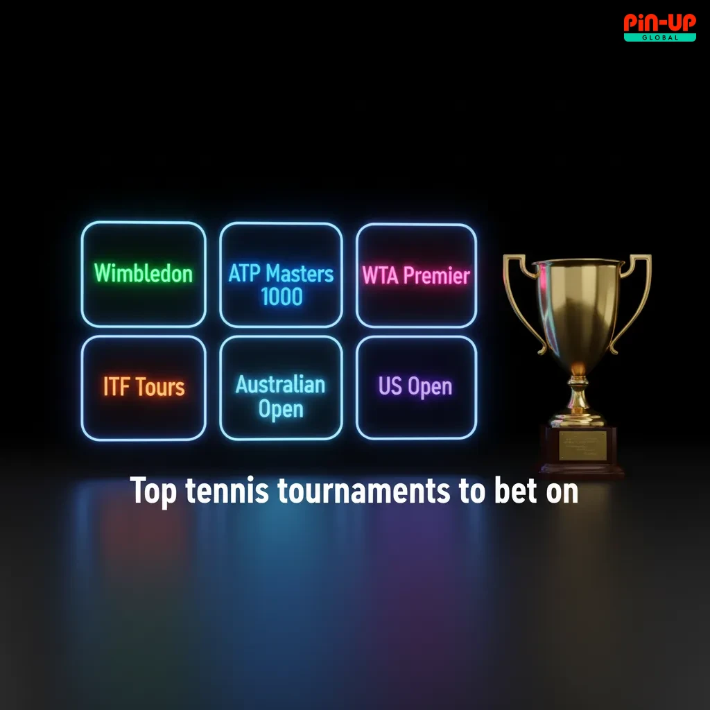 Graphic promoting top tennis tournaments to bet on: Grand Slams plus ATP/WTA tours, with tennis ball on court.
