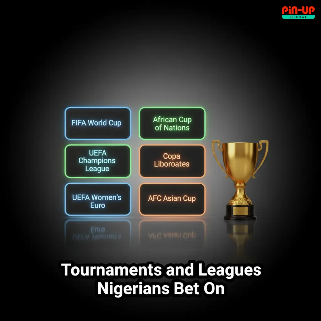 Graphic showing tournaments Nigerians bet on: World Cup, UEFA CL, AFCON, NPFL, Premier League, La Liga, Serie A, Bundesliga.
