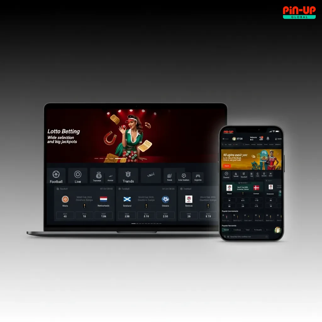 Pin-Up site UI with top nav: Sports, Live, eSports, Virtuals, Casino, Promotions, Support; quick links for bet slip, deposits