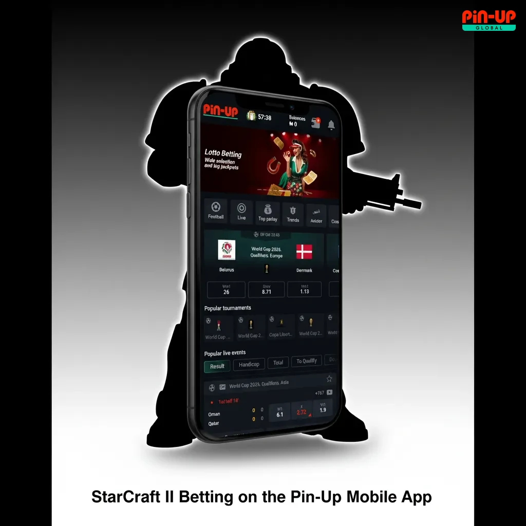 Smartphone displaying Pin-Up Nigeria app with StarCraft II in-play betting, live odds, and bet slip updates.