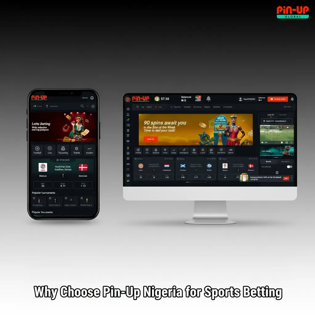 Pin-Up Nigeria sports betting graphic: competitive odds, NGN payments, in-play speed, wide markets, secure, mobile-friendly.