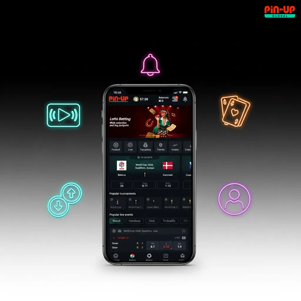 iPhone showing Pin-Up app for Nigeria: NGN payments, in-play betting, live casino, 120% + 250FS offer, low data, 24/7 support.